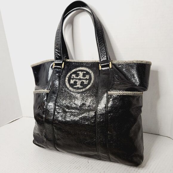 Tory Burch Black Patent Leather Snakeskin Trim Gold Hardware Shoulder Bag Tote - Picture 2 of 16